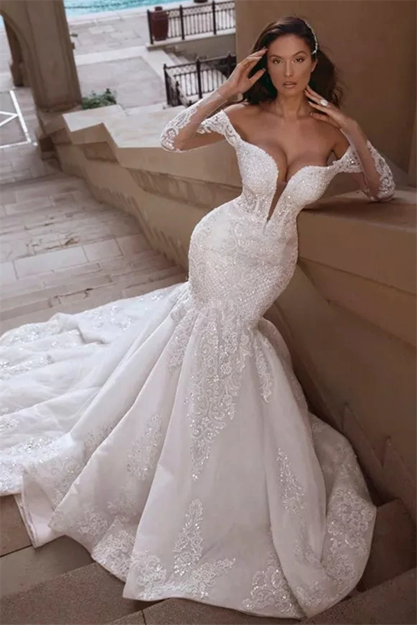 Cap sleeves Mermaid Long Train White Wedding Dresses Online-showprettydress