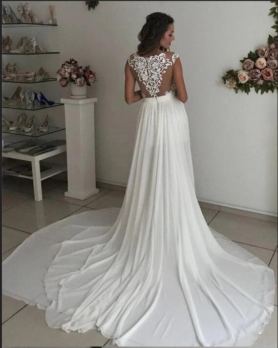 Cap sleeves V neck Chiffon Front split Court Train Wedding Dress-showprettydress