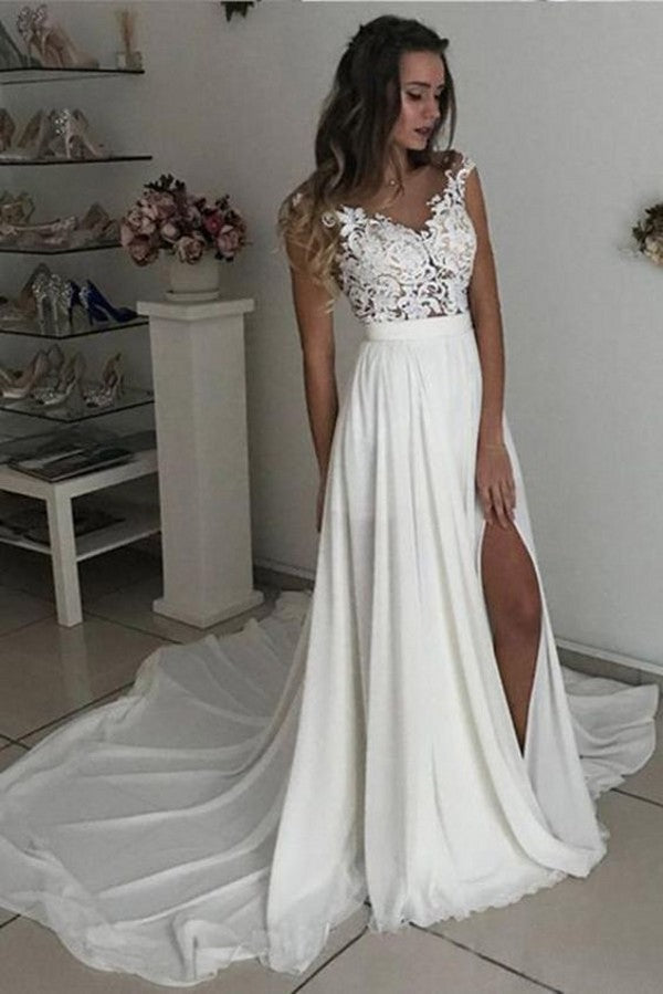 Cap sleeves V neck Chiffon Front split Court Train Wedding Dress-showprettydress