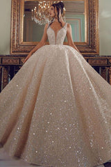 Cathedral wedding dress V Neck Aline Sequined Bridal Gowns Sleevelss-showprettydress