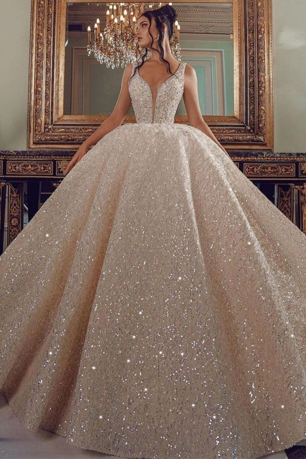 Cathedral wedding dress V Neck Aline Sequined Bridal Gowns Sleevelss-showprettydress