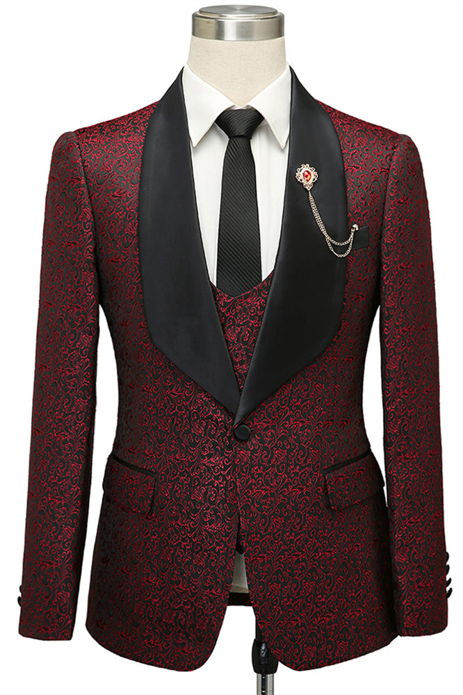 Cesar Burgundy One Button Shawl Lapel Jacquard Wedding Groom Suits ...