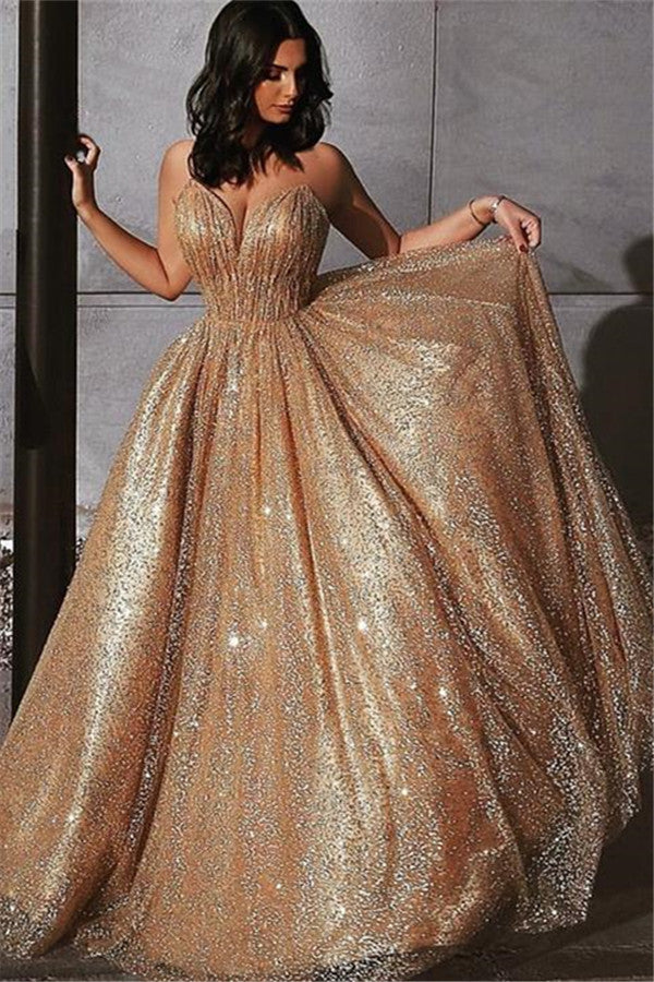 Champagne Elgant A-line Spaghetti Straps Backless Sequins Prom Dresses-showprettydress