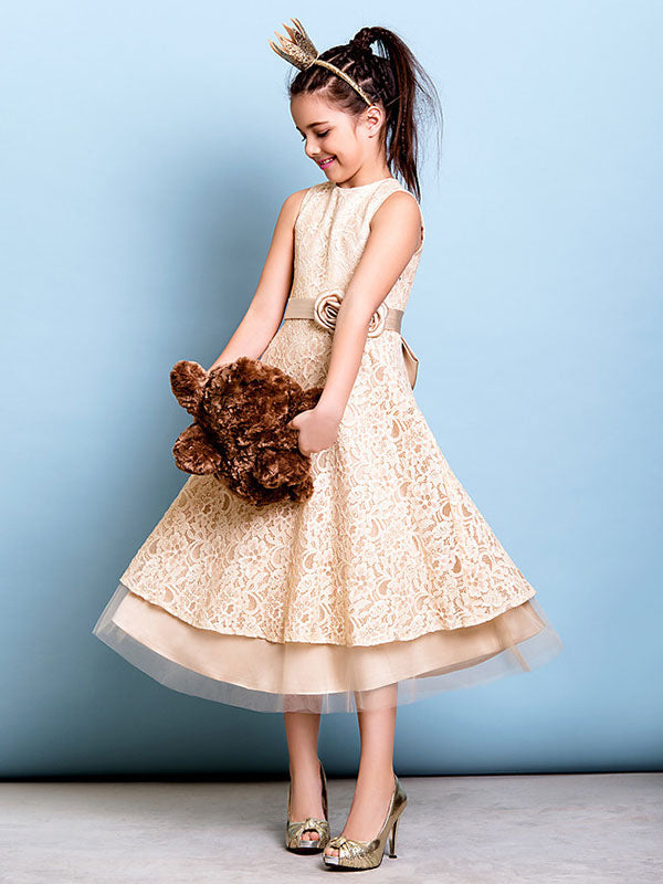 Champagne Golden Jewel Neck Sleeveless A-line Lace Kids Party Dresses-showprettydress