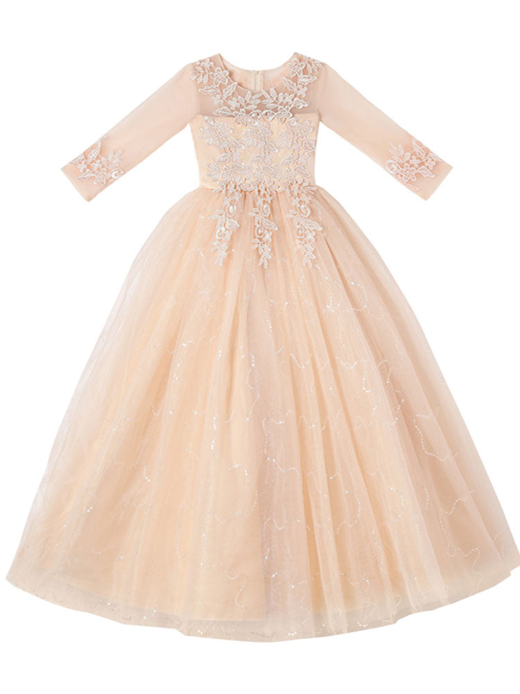 Champagne Jewel Neck Polyester Half Sleeves Ankle-Length A-Line Flowers Kids Party Dresses-showprettydress