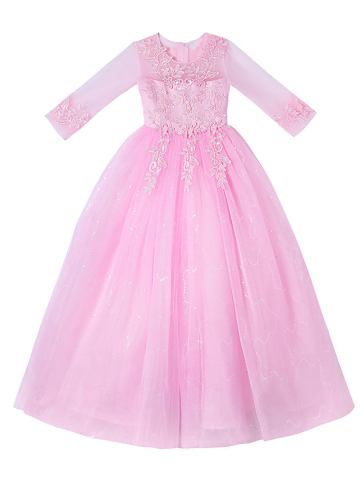 Champagne Jewel Neck Polyester Half Sleeves Ankle-Length A-Line Flowers Kids Party Dresses-showprettydress