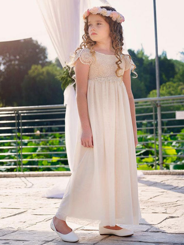 Champagne Jewel Neck Short Sleeves Lace Formal Kids Pageant flower girl dresses-showprettydress