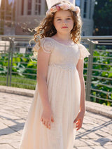 Champagne Jewel Neck Short Sleeves Lace Formal Kids Pageant flower girl dresses-showprettydress