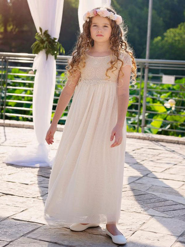 Champagne Jewel Neck Short Sleeves Lace Formal Kids Pageant flower girl dresses-showprettydress