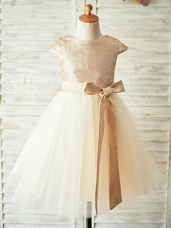 Champagne Jewel Neck Short Sleeves Sash Kids Party Dresses-showprettydress