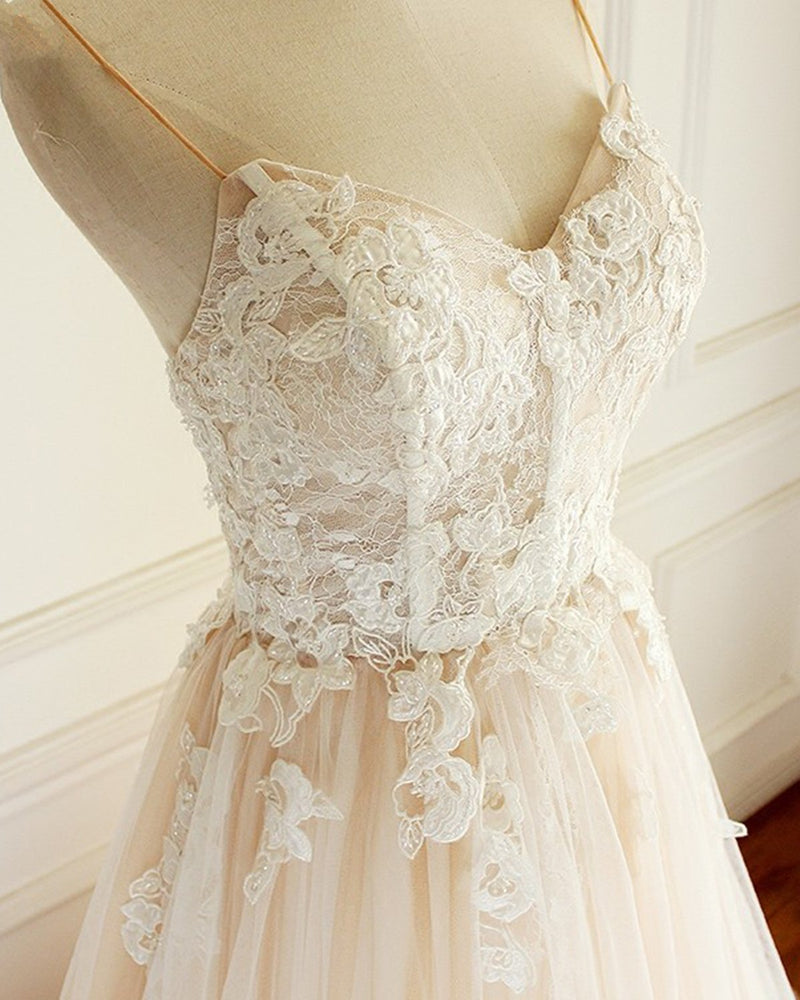 Champagne Long A-line Sweetheart Tulle Spaghetti Sweep Train Wedding Dress-showprettydress