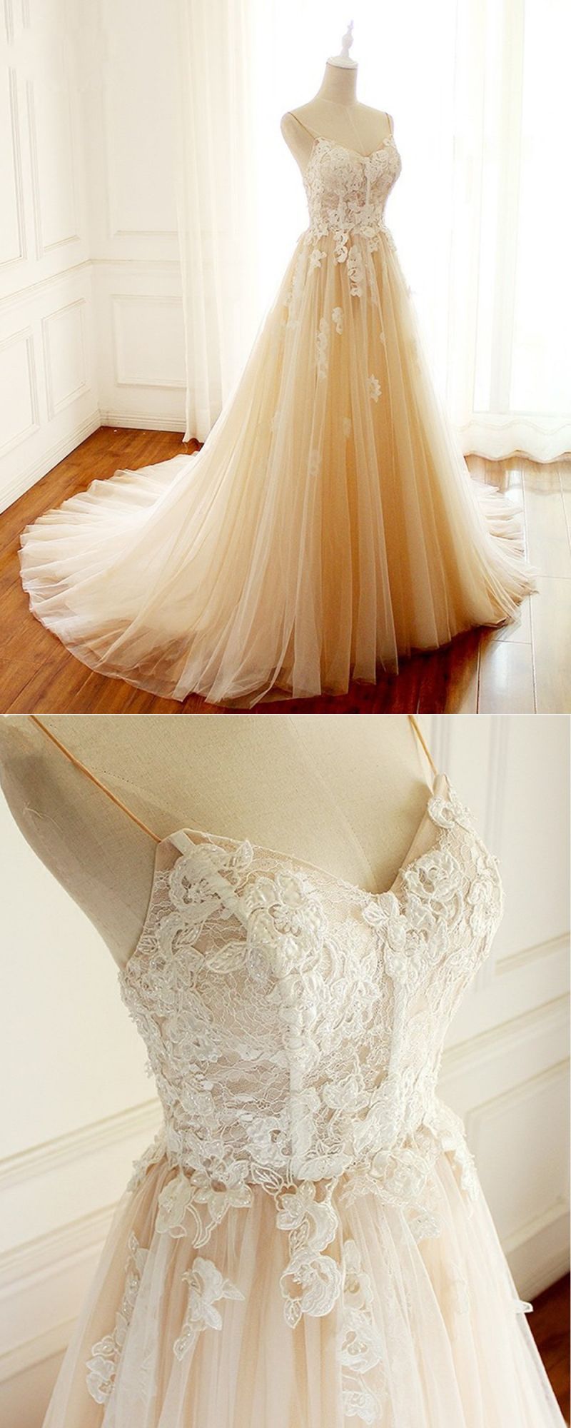 Champagne Long A-line Sweetheart Tulle Spaghetti Sweep Train Wedding Dress-showprettydress