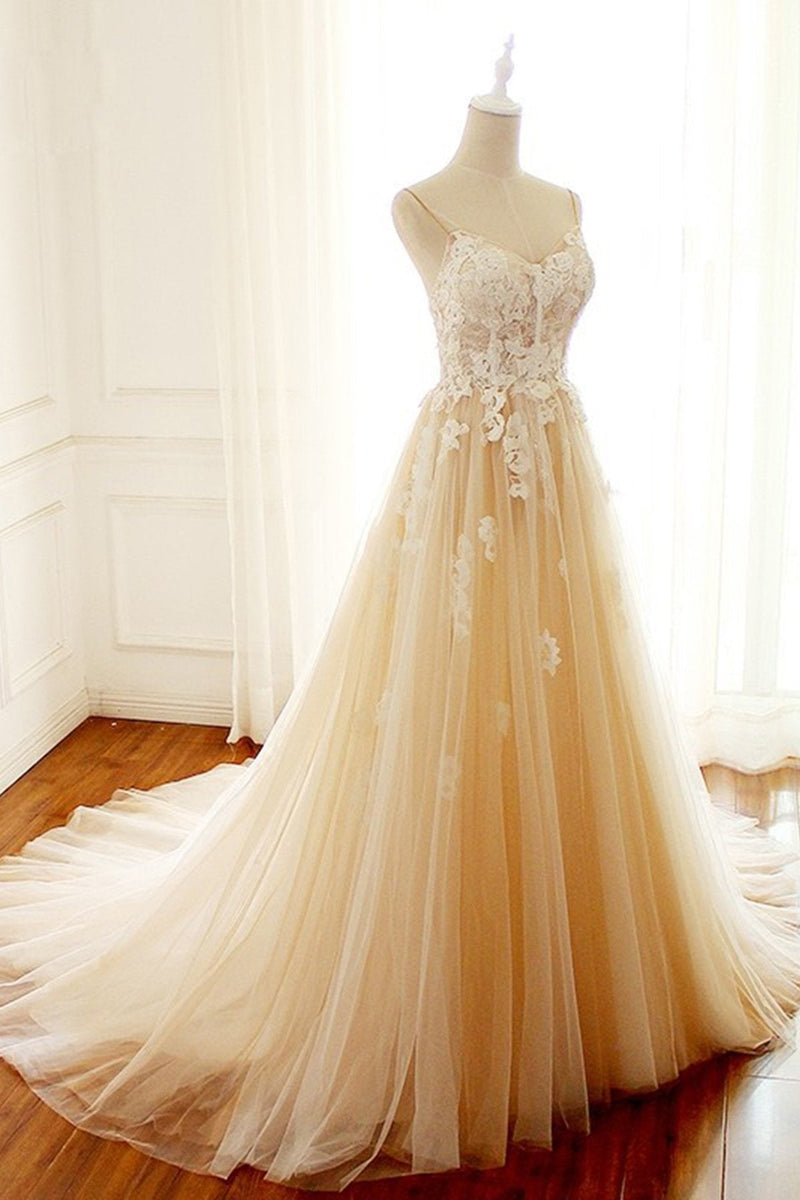 Champagne Long A-line Sweetheart Tulle Spaghetti Sweep Train Wedding Dress-showprettydress