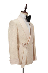 Champagne Shawl Lapel Slim Jacquard Wedding Men Suits-showprettydress