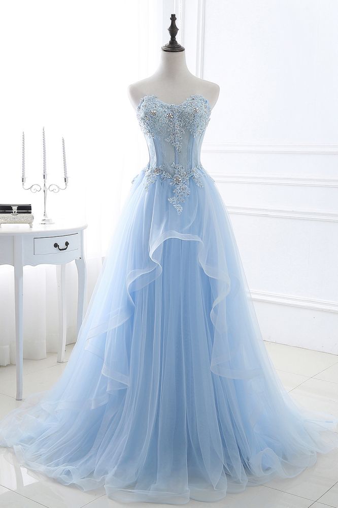 CHARLIZE |Ball Gown Sweetheart Tulle Sky Blue Prom Party Gowns with Sequins-showprettydress