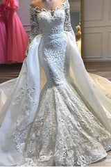 Charming Crew Neck Lace Appliques Mermaid Wedding Bridal Gowns with Detachable Train-showprettydress