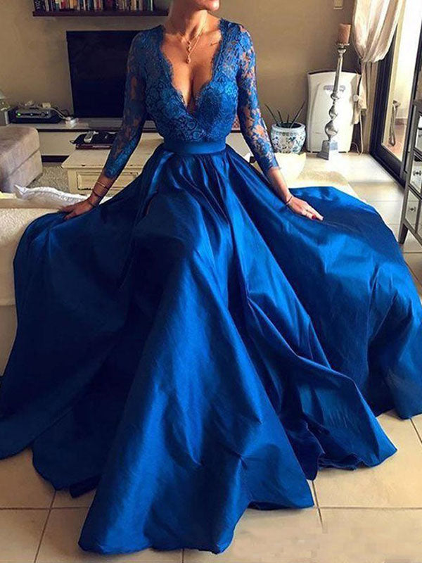 Charming Evening Dress Ball Gown V Neck 3/4 Length Sleeves Zipper Lace Satin Fabric Social Party Dresses With Train-showprettydress