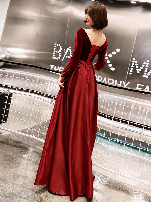 Charming Evening Dresses Long Sleeve V Neck Satin Velvet Floor Length Maxi Dresses-showprettydress