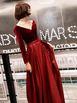 Charming Evening Dresses Long Sleeve V Neck Satin Velvet Floor Length Maxi Dresses-showprettydress