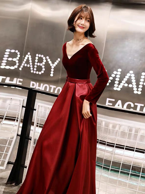 Charming Evening Dresses Long Sleeve V Neck Satin Velvet Floor Length Maxi Dresses-showprettydress