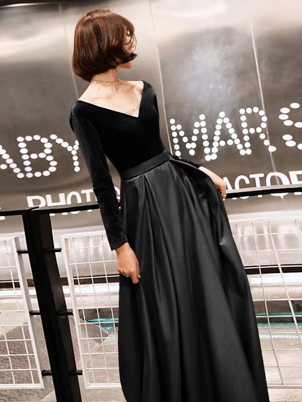 Charming Evening Dresses Long Sleeve V Neck Satin Velvet Floor Length Maxi Dresses-showprettydress