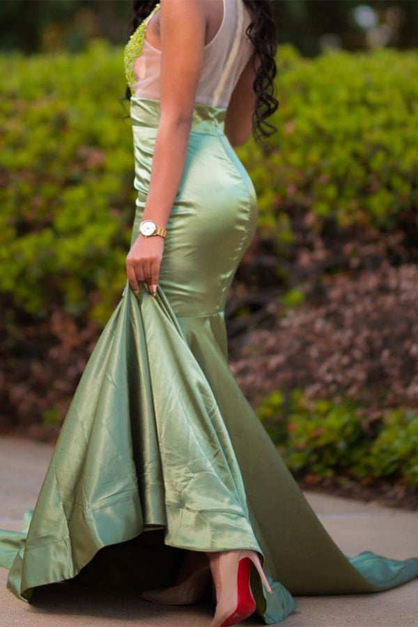 Charming Green Appliques Mermaid Prom Evening Maxi Dress Floor-Length Sweep Train Dress-showprettydress