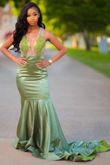 Charming Green Appliques Mermaid Prom Evening Maxi Dress Floor-Length Sweep Train Dress-showprettydress