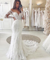 Charming Lace Appliques Mermaid Wedding Gown Long Sleeves Sweetheart Bridal Dress-showprettydress