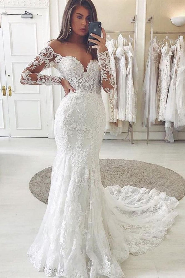 Charming Lace Appliques Mermaid Wedding Gown Long Sleeves Sweetheart Bridal Dress-showprettydress