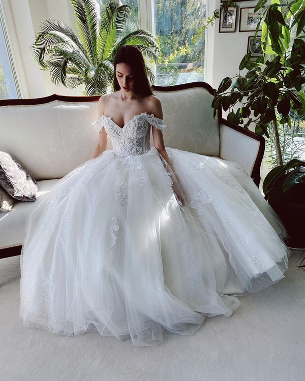 Charming Long A-line Off-the-shoulder Tulle Wedding Dress with Glitter-showprettydress