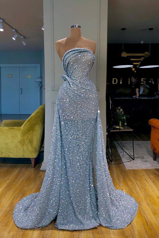 Charming Long Mermaid Strapless Sequins Beads Prom Dress Overskirt-showprettydress