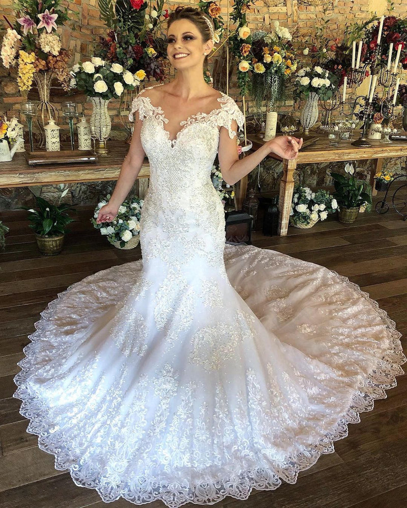 Charming Long Mermaid Sweetheart Lace Wedding Dress with Cap Sleeves-showprettydress