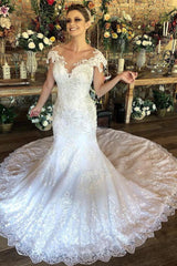 Charming Long Mermaid Sweetheart Lace Wedding Dress with Cap Sleeves-showprettydress