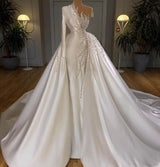 Charming One Shoulder Satin Mermaid Bridal Gowns Pearls Beading Party Gowns-showprettydress