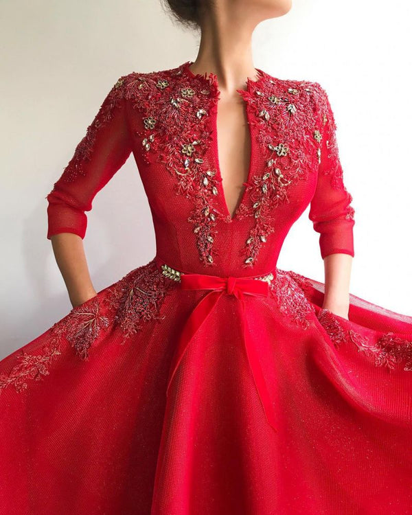 Charming Sequins Tulle V-neck Red Jewel 3/4 Sleeves Appliques Long Prom Party Gowns-showprettydress