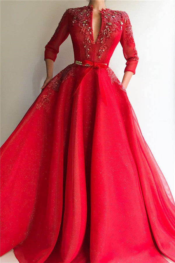 Charming Sequins Tulle V-neck Red Jewel 3/4 Sleeves Appliques Long Prom Party Gowns-showprettydress