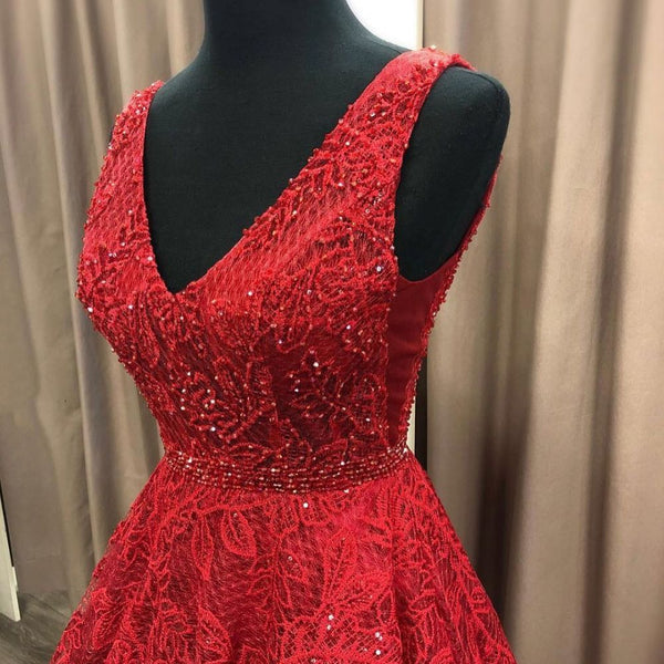 Charming V-neck Sleeveless Prom Party Gowns| Affordable Red Lace Beading Long Prom Gown-showprettydress