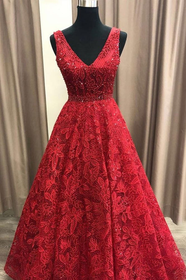 Charming V-neck Sleeveless Prom Party Gowns| Affordable Red Lace Beading Long Prom Gown-showprettydress