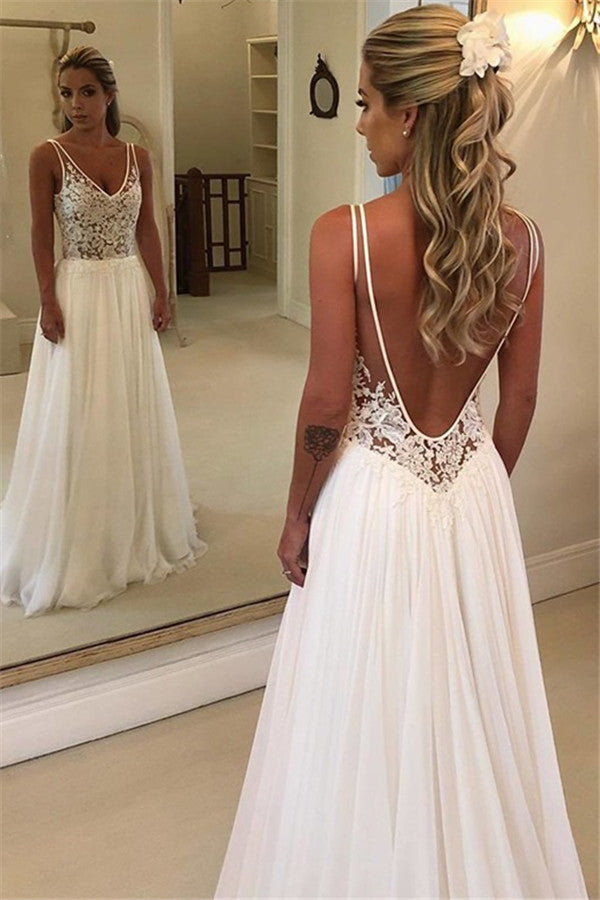 Charming V Neck Sleeveless Wedding Dress With Lace Appliques-showprettydress