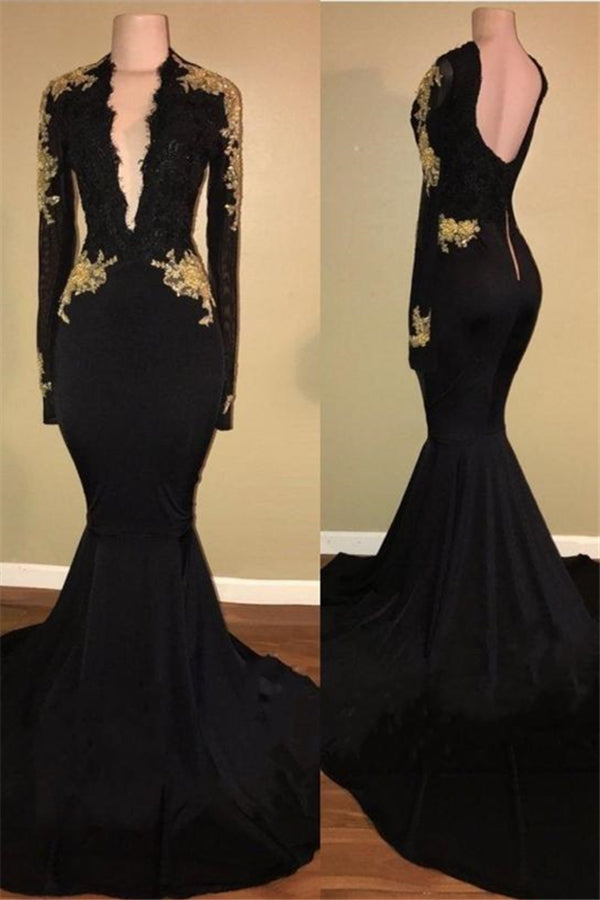 Chic Black and Gold Prom Dresses Deep V-Neck Long Sleevess Evening Gowns-showprettydress