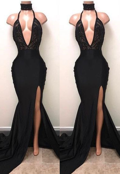 Chic Black High Neck Lace Front Split Mermaid Prom Party Gowns-showprettydress