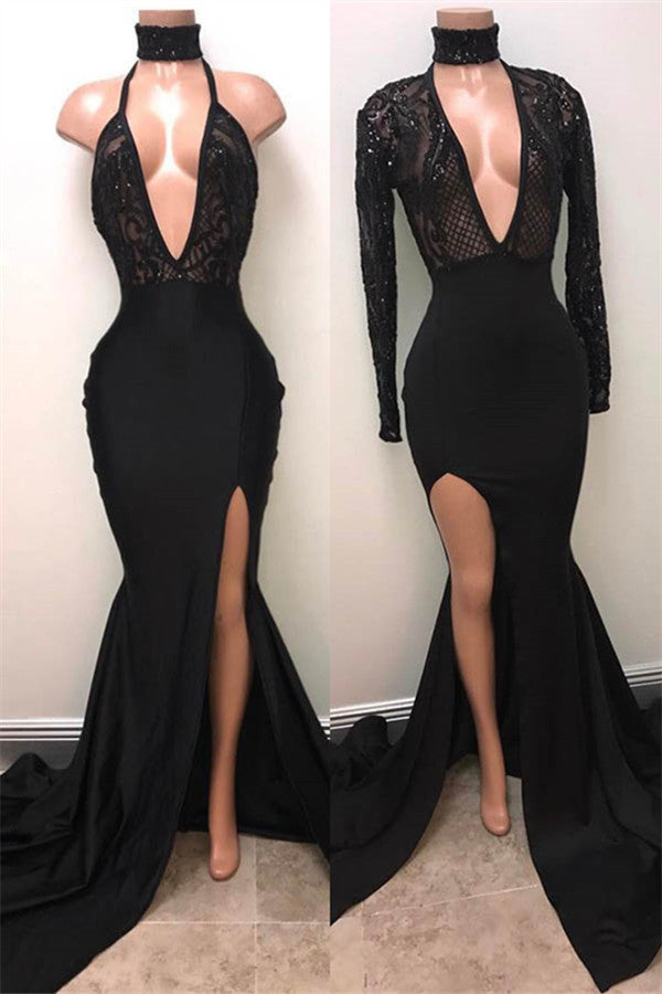 Chic Black High Neck Lace Front Split Mermaid Prom Party Gowns-showprettydress