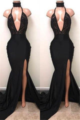 Chic Black High Neck Lace Front Split Mermaid Prom Party Gowns-showprettydress