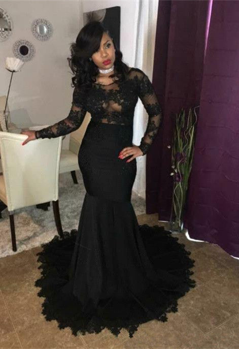 Chic black lace prom dress, Long Sleeves mermaid party dress-showprettydress