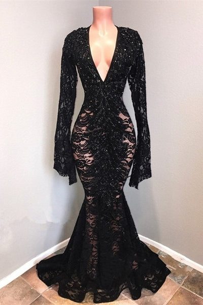 Chic Black Lace V-neck Long Sleevess Mermaid Prom Dresses Sheer Floor Length Evening Gowns-showprettydress