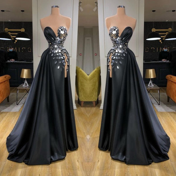 Chic Black Long Mermaid Sweetheart Crystal Prom Dress With Split-showprettydress