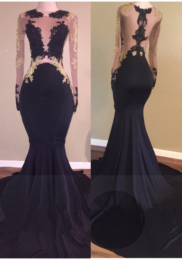 Chic Black Long-Sleeve Lace Mermaid Zipper Prom Party Gowns-showprettydress