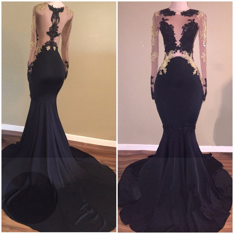 Chic Black Long-Sleeve Lace Mermaid Zipper Prom Party Gowns-showprettydress