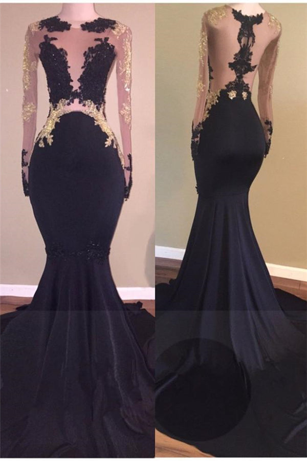 Chic Black Long-Sleeve Lace Mermaid Zipper Prom Party Gowns-showprettydress