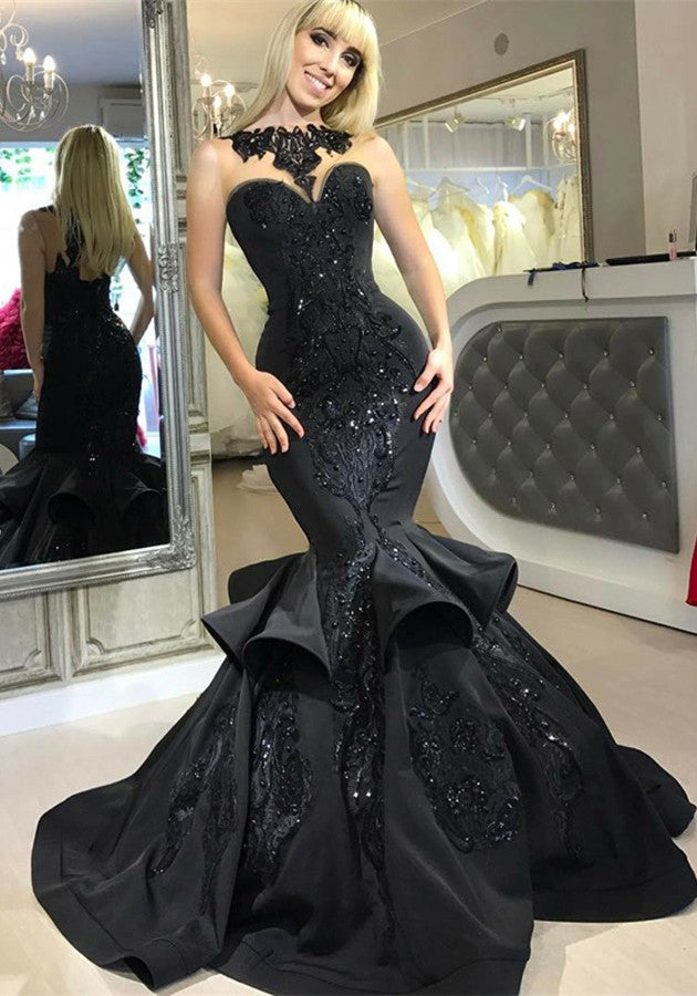 Chic Black Mermaid Prom Party GownsLong Sequins Ruffles Party Gowns-showprettydress